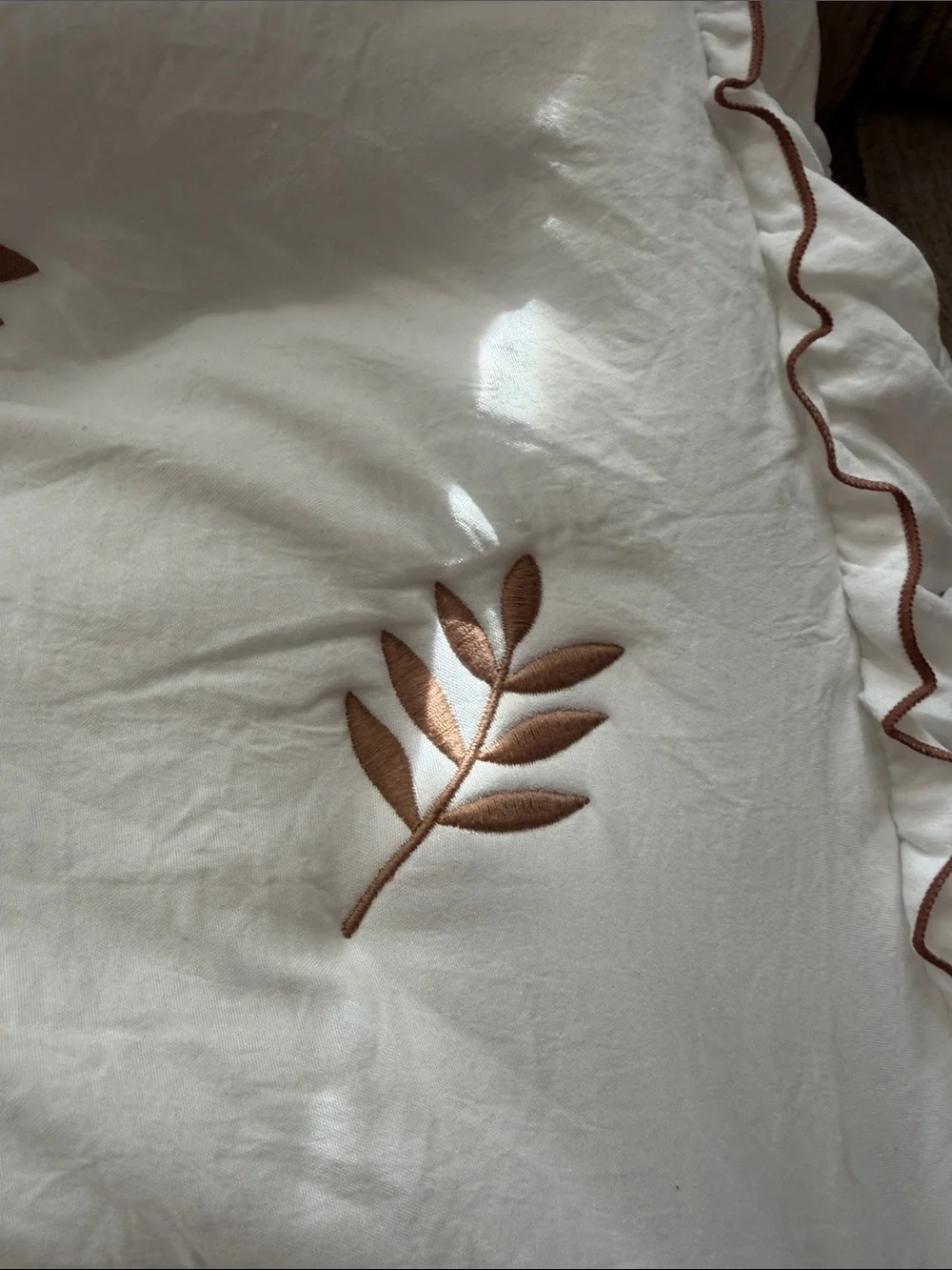 Embroidered King Quilt Set in Cream with Brown Leaf Motif